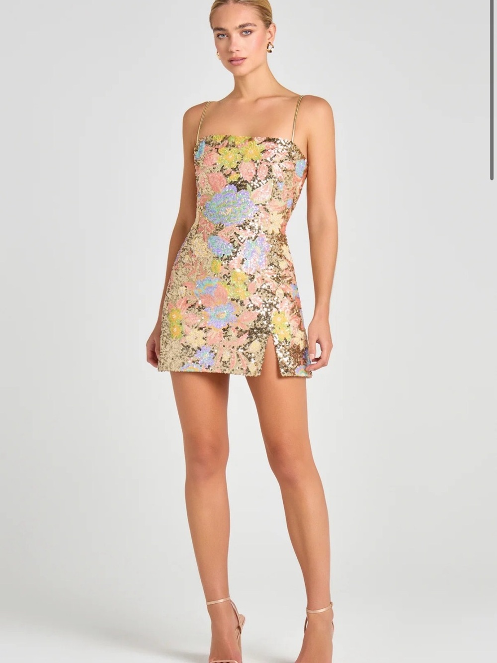 NADINE MERABI Gold Sequin Mini Dress with Pastel Floral Appliqué